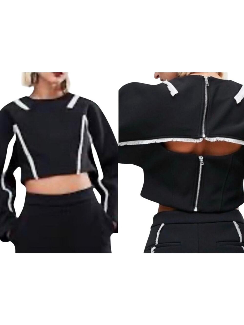 ASOS Edgy Black Scuba Fringed Long Sleeve Crop Top Zip Keyhole Back Size 12
